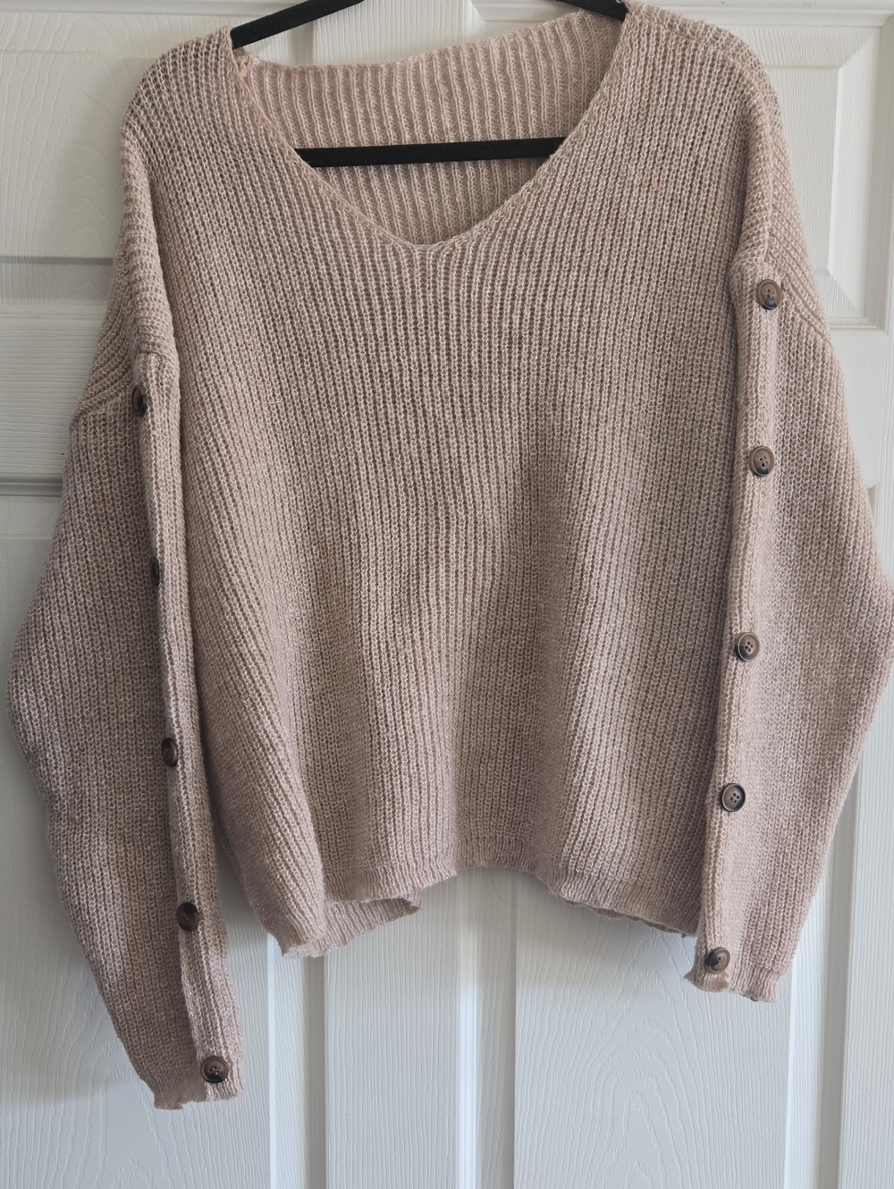 SHEIN Taupe V-Neck Button-Sleeve Knit Sweater